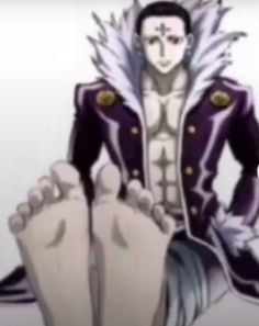 an anime character with his feet up in the air, wearing a purple jacket and white pants