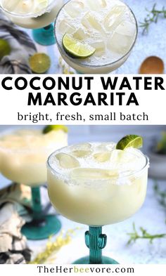 two glasses filled with coconut water margaritas on top of a white tablecloth and text overlay reads, coconut water margarita bright, fresh, small batch