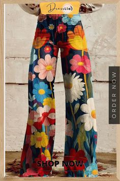 Skinny Colorful Flowered Loose Pant Flower Geometric, Look Boho Chic, Mid Waist Pants, Estilo Hippie, Casual Wide Leg Pants, Stylish Pants, Fall Fits, Pantalon Large, Fun Fashion