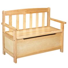 a wooden bench with storage underneath it on a white background for use as a child's toy chest