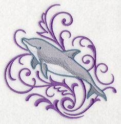 a dolphin with swirls on it's back is shown in purple and white