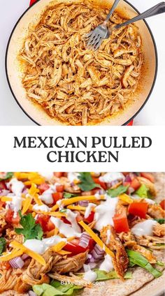 mexican pulled chicken in a skillet with cheese and tomatoes