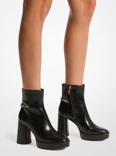 The Carlisle platform boot balances ’70s flair with modern polish. Designed to sit slightly above the ankle, this leather pair features a 4.25” stacked heel that’s balanced by a 1.25” front platform for soaring height with ease of wear. Keep the high-shine hardware in focus with mini hemlines. Chic Heeled Boots With Chunky Platform And Pointed Toe, Chic Party Boots With Chunky Platform, Chic Platform Boots With Chunky Platform And Pointed Toe, Chic High Heel Boots With Lug Sole, Platform High Heel Boots Medium Width, Formal Leather Platform Boots With Chunky Platform, Chic Pointed Toe Platform Boots With Chunky Platform, Modern Platform Boots With High Heel, Chic Chunky Platform Boots With Round Toe