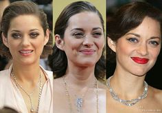 three different pictures of women with necklaces on their neck and one has red lipstick