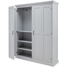 an open white cabinet with shelves on both sides and doors to the front, isolated against a white background