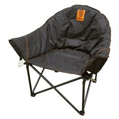 a black and brown folding chair with an orange tag on the back of it's seat