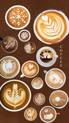 many different types of coffees in cups on a brown table with the words gourmet coffee written above them