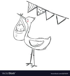 a bird holding a baby in its beak and hanging on the line with flags above it