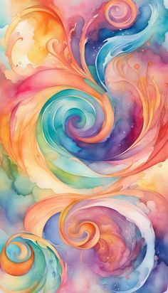 an abstract painting with colorful swirls and clouds in the background, as well as watercolor