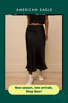 Elastic waist/Satin-inspired fabric that moves with you Fitted Silk Black Maxi Skirt, Black Relaxed Silk Skirt, Black Sleek Satin Maxi Skirt, Relaxed Black Satin Skirt, Black Satin Midi Skirt, Midi Slip Skirt, Slip Skirt, Women's Jeans, American Eagle Outfitters