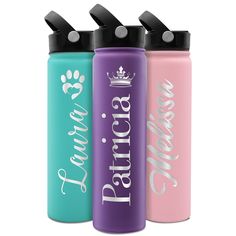 three different colored water bottles with the words princess and paw prints on each one side