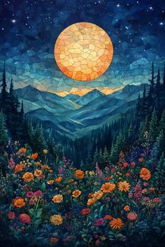 a painting of mountains and flowers with the moon in the sky above them, surrounded by stars