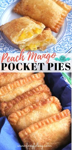 peach mango pocket pies on a blue and white plate with text overlay that reads peach mango pocket pies