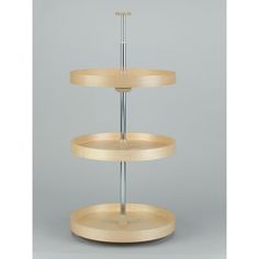 three tiered wooden display stand with metal base and wood top, on grey background