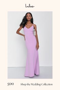 You'll be a thing of beauty and a joy forever in the Lulus Infinite Glory Lavender Maxi Dress! Sleek, stretchy crepe knit shapes this stunning dress with a darted, triangle bodice, adjustable straps, and maxi skirt with flaring mermaid hem. Scoop back with hidden zipper/clasp. Fit: This garment fits true to size. Length: Floor length. Size medium measures 56" from adjustable straps to hem. Bust: Works best for A to C cup sizes - consider sizing up for fuller bust. Waist: Fitted - very fitted at Lavender V-neck Dress For Formal Occasions, Lavender Fitted Maxi Dress For Evening, Elegant Lavender Maxi Dress For Prom, Fitted Lavender Maxi Dress For Evening, Fitted Purple Maxi Dress For Evening, Purple Stretch Bodycon Dress For Formal Occasions, Fitted Lavender Dress For Gala, Elegant Purple Stretch Bodycon Dress, Chic Purple Maxi Dress For Prom