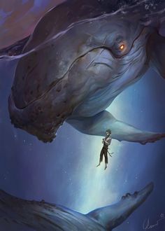 a person floating in the water next to a giant whale