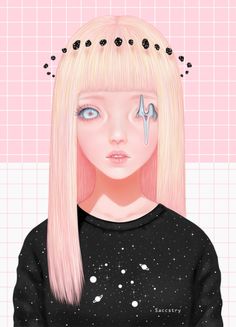 a drawing of a girl with pink hair and piercings on her forehead, wearing a black shirt