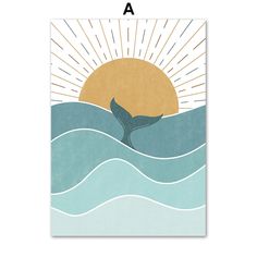 a poster with a whale jumping out of the water in front of an orange sun