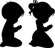 the silhouettes of two children kneeling down and praying in front of a white background