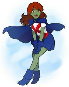 a drawing of a woman with red hair and blue cape