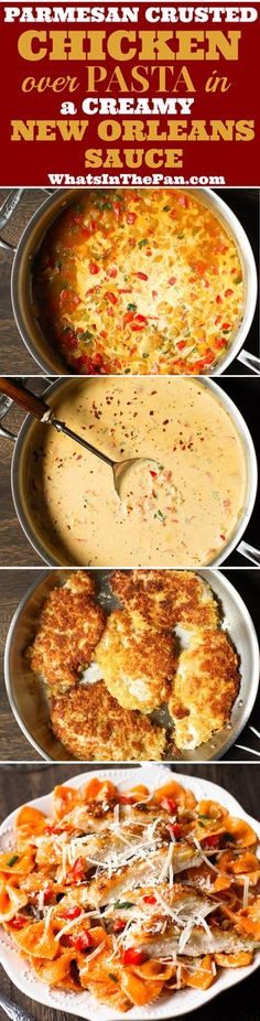 four different types of food in pans with text overlay that says cheesy chicken and new orleans