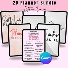 the 20 planner bundle is shown in pink and white, with text overlaying it