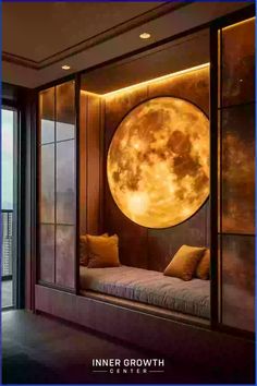 a window with a large yellow moon in the center and pillows on it's side