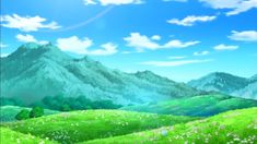 an anime landscape with mountains and flowers in the foreground