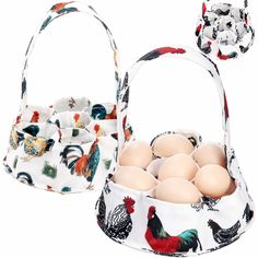 two baskets with eggs in them and one has roosters on the side, both are white