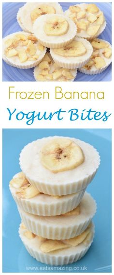 frozen banana yogurt bites stacked on top of each other with the title above it