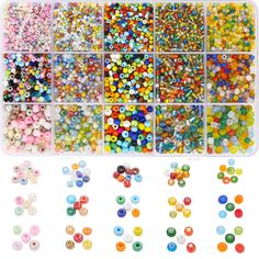 various colors and sizes of buttons in a plastic container