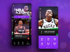 two mobile phones displaying basketball cards on purple and blue background with lights in the background