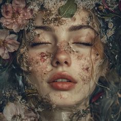 a woman with her eyes closed and flowers all over her face, covered in dirt