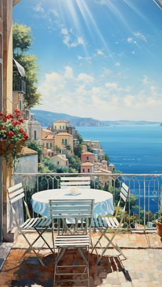 a painting of a table and chairs on a balcony overlooking the water with buildings in the background