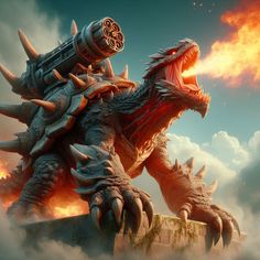 a large dragon with huge horns on it's head is in front of some clouds