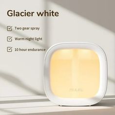 an image of a light that is on top of a window sill with the words glacir white above it