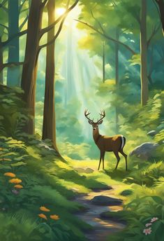 A painting portraying a solitary deer standing beneath a canopy of trees in a serene forest setting. Dear Painting Acrylic, Nature And Wildlife Painting, Nature And Wildlife Drawings, Woodland Painting Ideas, Deer In Forest Painting, Deer Painting Acrylic Easy, House In The Woods Art, Forest Drawing With Animals, Deer Painting Acrylic