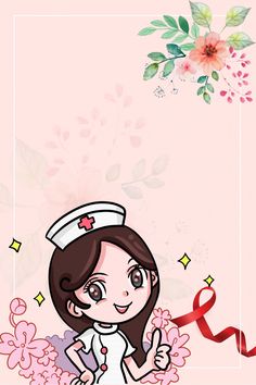 a cartoon nurse with a red ribbon and flowers in the background, giving thumbs up