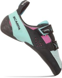 a women's shoe with pink and blue accents on the bottom part of it