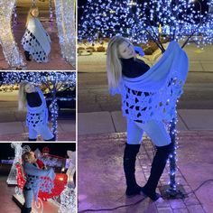 the woman is dressed in all white and posing for pictures with her christmas tree behind her