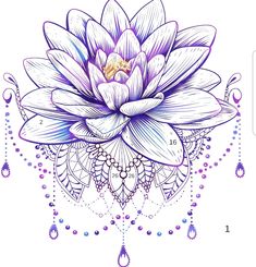 a drawing of a purple flower on a white background with beads and water drops around it