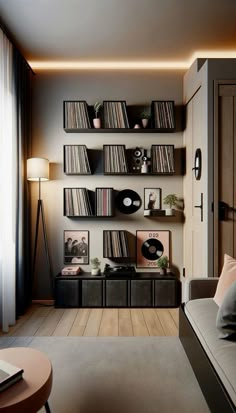 a living room filled with lots of furniture and shelves