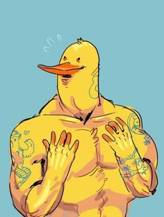 a drawing of a duck with tattoos on it's chest and hands in front of him