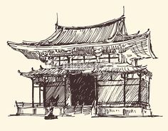 an ink drawing of a pagoda in china - buildings objects clippings and illustrations