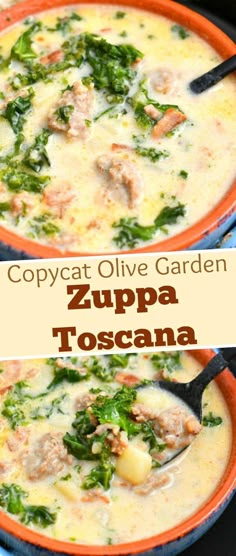 two bowls of zupa toscana soup with broccoli and meat in them