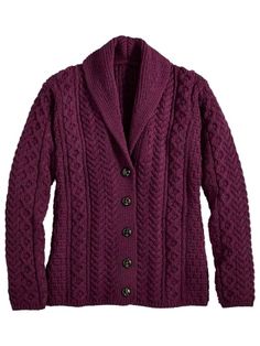 Women's Irish Wool Shawl Collar Cardigan Cardigan Collection, Pink Closet, Cardigan Purple, Winter Turtleneck, Vermont Country Store, Knit Shawl, Shawl Collar Cardigan, Zippered Cardigan, Merino Wool Cardigan