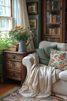 a living room filled with furniture and flowers