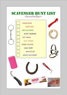 the scavenger hunt list is organized with items such as scissors, hooks, and other things