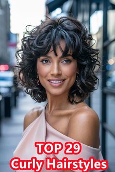 Hair Styles With Curls Easy, Long Layered Permed Hair, Feathered Curly Hairstyles, Short Curly Layers With Bangs, Short Hair Half Up Half Down Curly, Medium Length Hair Styles For Curly Hair, Bangs For Natural Curly Hair, Short Layer Curly Hair, Permed Layered Hairstyles