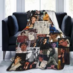 a throw blanket with many photos of people on it